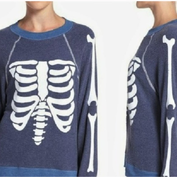 Wildfox Navy Blue Inside Out Skelton Skull Soft Fleece Retro Jumper Sweater - Picture 2 of 10